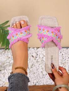 2025 New Pink Fringed Woven Pattern Open Toe Women Slippers - Baby Pink - View 5