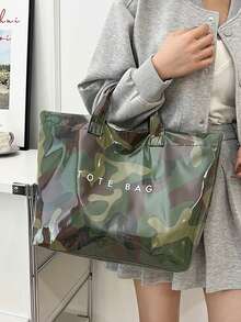 Women's Fashion Handbag, PVC Transparent Tote Bag With Camouflage Pattern, Waterproof Outdoor Casual Bag, Large Capacity Beach Bag, Casual Style, Large Capacity, Fixed Shoulder Strap, Hook & Loop Closure, Polyester Lining, Random Print Design, Suitable For Work And Commuting