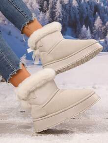 Damskie, jednokolorowe, pluszowe kozaki do połowy łydki z kokardką, ciepłe śniegowce, modne, zimowe botki na platformie z grubą, miękką wyściółką z pluszu, antypoślizgowe, wygodne, grube, śniegowce - Beżowy - Zobacz 3