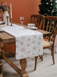 1 Peça Toalha de Mesa com Padrão de Floco de Neve de Natal, Bandeira de Decoração de Mesa de Jantar, Tapete de Mesa de Pelúcia Curta Estilo Fazenda com Flocos de Neve Dourados, Adequado para Decoração de Sala de Jantar, Sala de Estar, Quarto, Chá de Panela, Decoração de Ambiente de Feriado