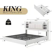 Full/Queen/King Size Storage Bed Frame With Headboard, Bookcase Shelf Design With 4 Drawers And Built-In Charging Station, Modern Platform Bed, No Box Spring Required, White - Xem 4