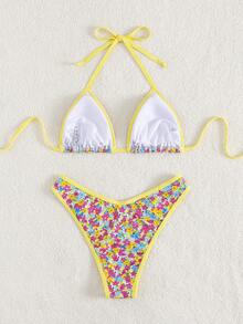 New Summer Women's Yellow Drawn Edge Small Floral Print Back Knot Tie Sexy Holiday Bikini Set - Multicolor - View 2