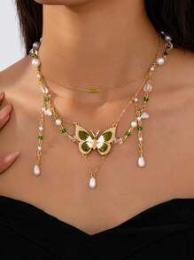 1件绿色蝴蝶链和水晶仿珍珠项链饰品，精灵仙子风，朋克风，串珠颈链，送给她的完美礼物，适合日常佩戴 - 綠色 - 查看 1