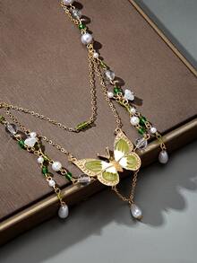 1件绿色蝴蝶链和水晶仿珍珠项链饰品，精灵仙子风，朋克风，串珠颈链，送给她的完美礼物，适合日常佩戴 - 綠色 - 查看 3