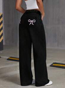 Pantalones vaqueros anchos informales con lazo y estampado gráfico para niña preadolescente