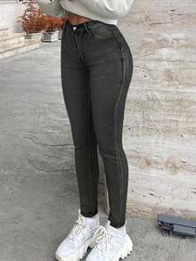 Quần jeans cargo dáng ôm, cạp cao, màu trơn, phong cách Y2K Streetwear với túi xéo, kiểu dáng thường ngày đa năng, thích hợp mặc vào mùa xuân. - Xám - Xem 3