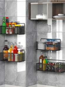 1/2/3pcs Iron Mesh Kitchen/Bathroom Storage Rack, Large Capacity Wall-Mounted Organizer Basket, No Drilling Required, Suitable For Kitchen, Bathroom, Dorm