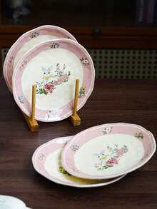 20 cm flacher Teller mit niedlichem Hasen-Blumen-Muster, geeignet zum Servieren verschiedener Speisen und Früchte, ideal für Partys, Essen, Picknicks, Buffets, Familienfeiern, Abschlüsse, Geburtstage, täglichen Gebrauch und jede besondere Gelegenheit