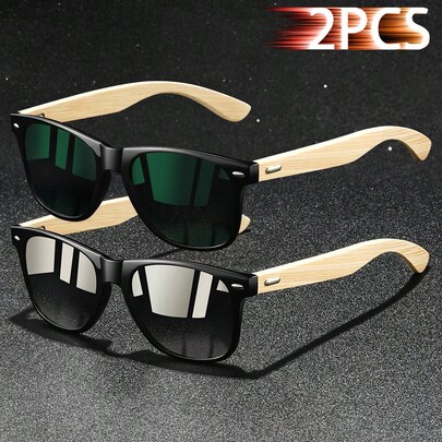 2 Peças Óculos de Moda Vintage de Madeira de Bambu Quadrados Unissex, Marca de Luxo Fashionista, Óculos de Moda Tropicais de Praia de Verão em Tons Pastel Retangulares, Material Cintilante, Estética Clássica, Roupas de Férias, Óculos de Sol Clássicos para Homens, Dirigir, Pescar, Viajar