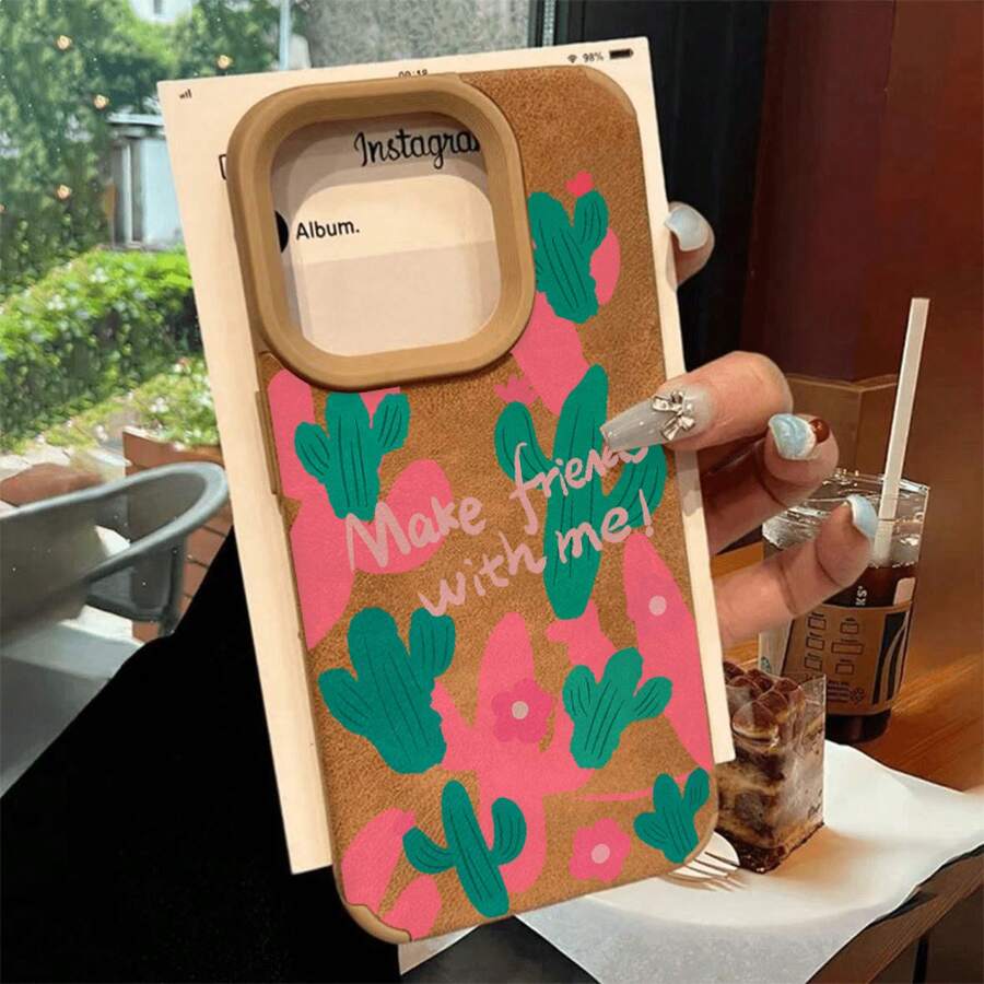 Diseño con patrón de letras de cactus, color beige claro, compatible con todos los modelos: 14, 12, XS, 13 Plus, 15 Pro, 16 y 11 - Colores mixtos 1 - Ver 1