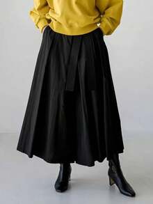 女士褶裥阔腿弹力腰休闲抽绳七分裤 - 黑色 - 查看 1