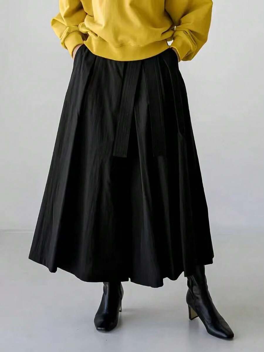 女士褶裥阔腿弹力腰休闲抽绳七分裤 - 黑色 - 查看 1