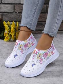 Women's Butterfly & Flower Print Rhinestone Decor Bright Color Fabric Round Toe Slip-On Casual Sneakers, High-Quality EVA Ultra-Light Sole Shoes Weighing Only 260g-360g, Made With Premium Sole And Fabric, Women's Solid Color Classic Casual Sneakers - White - View 1