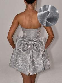 2025 New Sexy Sequin Design Slim Fit Off Shoulder Strapless Mini Dress, Chic Bow Accent, Metallic Coating, High Waist, Suitable For Christmas, Thanksgiving, Dates, Parties, Gatherings - Silver - View 3