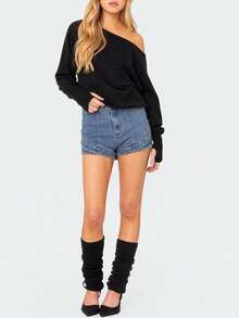 Women's Off Shoulder Sweaters Classic Long Sleeve Solid Color Knit Pullover Jumper Tops Loose Fit Tops - Black - View 3