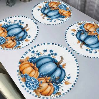 4 piezas/6 piezas/8 piezas Manteles individuales redondos con estampado de calabaza y floral, manteles antideslizantes para decoración de otoño, tela resistente al calor, solo limpieza en seco, adecuado para reuniones festivas - 15 pulgadas