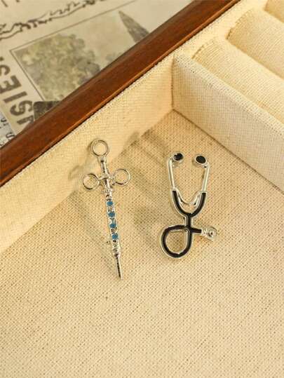 2pcs Medical Stethoscope & Syringe Brooch Set, Gift For Doctors And Nurses