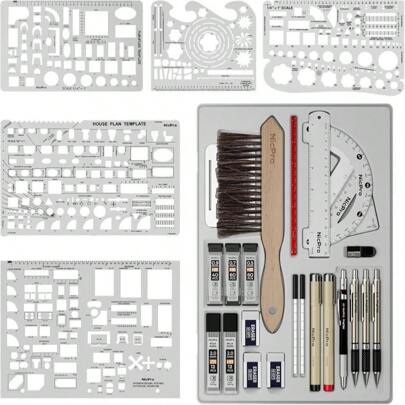 Nicpro 30PCS Professional Drafting Tools &Amp; Geometry Set With Case, Architect Protractor Set, Metal Mechanical Pencils, Pen, Scale Ruler Metal Ruler, 5 Drawing Templates For Interior Design House Plan