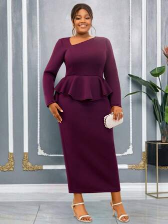 AOMEI Purple Plus Size Elegant Women Long Dresses Bodycon Ruffle Asymmetrical Neck Long Sleeves Split Wedding Guests Commuting