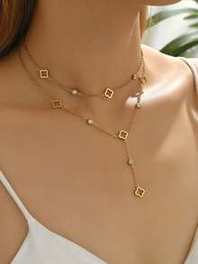 2 件时尚不锈钢幸运四叶草吊坠项链，方晶锆石装饰项链 Y 形项链，适合女性日常佩戴，性感锁骨链配饰 - 金色 - 查看 1