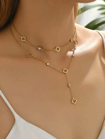 2 pièces Collier pendentif trèfle chanceux mode en acier inoxydable, collier pendentif décoré de zircone cubique en forme de Y, convient pour le port quotidien des femmes, accessoire de chaîne de collerette sexy