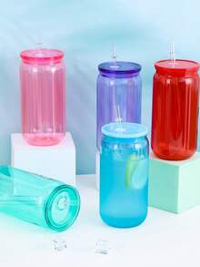 1PC/6pcs Colorful Plastic Cups With Lids And Straw PET Can Replacement For Water Bottle Shaped Cute Tumbler Drinking Plastic Cups For Party, Coffee, Milk Outdoor Sippy Cup Simple