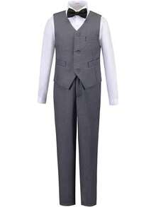Boys Slim Fit 4-Piece Formal Suit Set - Vest, Pants & Shirt For Kids, Boys' Formal Wear For Weddings, Parties, School Events (2-14Y) - 灰色(領結) - 查看 2