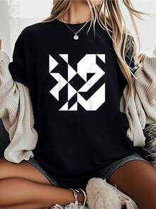 Abstract Black And White Geometric Graphic-Shirt         Graphic Tees Women Crop Tops Summer Tops Outfits Women Summer Tops Tops-Shirt - 黑色 - 查看 1
