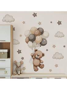 1pc Cute Teddy Bear Wall Decals With Balloons - Cloud And Star Nursery Decor, Removable Vinyl Kids Room Stickers & Balloon Wall Stickers - Multicolor - View 5