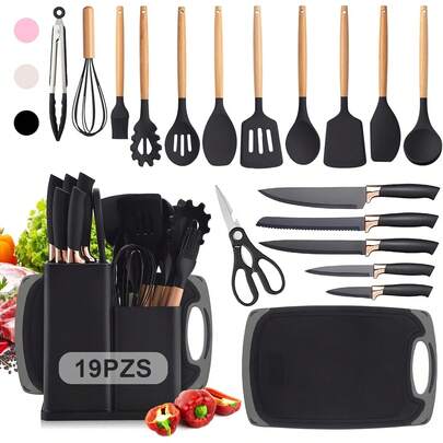 Utensilios de Cocina de Silicona, 19 Piezas Juego de Utensilios de Cocina Antiadherentes con Resistente al Calor, Juego de Cucharas para Cocinar de Incluyendo Accesorios Cocina Negro