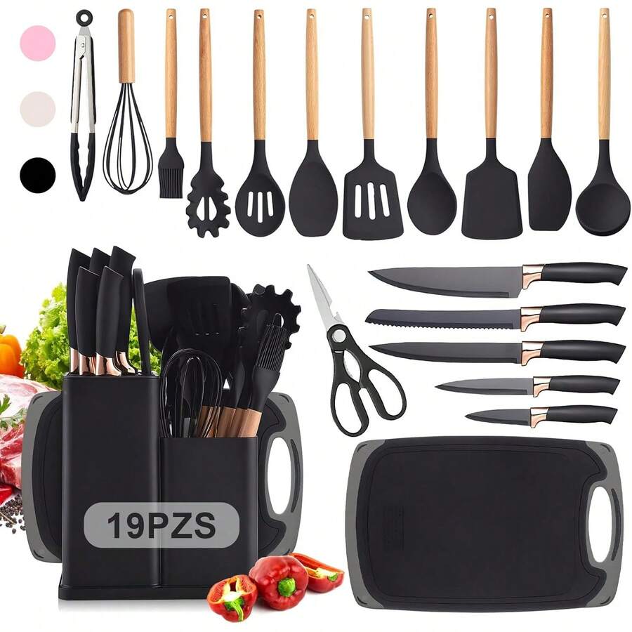 Utensilios de Cocina de Silicona, 19 Piezas Juego de Utensilios de Cocina Antiadherentes con Mango Resistente al Calor, Juego de Cucharas para Cocinar de Incluyendo Accesorios Cocina Negro - rosa - Ver 1