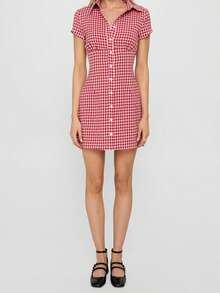 Women Plaid Shirt Dress Slim Fit Collared Short Sleeve Button-Up A-Line Mini Dress Casual Summer Streetwear - 紅色 - 查看 6