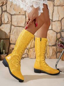 秋冬女式花卉刺绣中筒靴，时尚系带侧拉链靴，圆头粗跟舒适防滑正装靴 - 黃色 - 查看 3