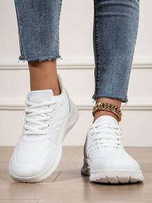 Tênis Feminino Plus Size De Cano Baixo, De Branco, Com Cadarço, Para Atividades Ao Ar Livre, Tênis De Corrida Casual Antiderrapante E À Prova D'Água, Adequados Para Primavera, Outono E Todas As Estações - Branco - Ver 4