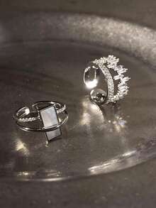 2 件优雅派对几何闪亮方晶锆石铜可调节开口戒指套装，适合女士 - 銀色 - 查看 6