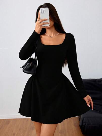 Women's Square Neck Long Sleeve Fit And Flare Mini Dress Cocktail Evening Party Elegant Dresses