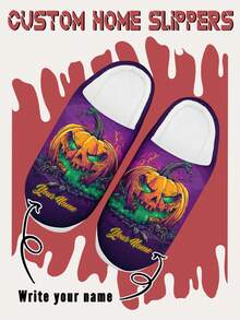 Pantoufles personnalisées pour hommes pour Halloween, chaussons d'intérieur moelleux avec design citrouille, ultra doux, chauds et confortables pour hommes et femmes, cadeau d'Halloween amusant pour maman/papa/elle/lui/petite amie/petit ami/épouse/mari/ami - Multicolore - Voir 1