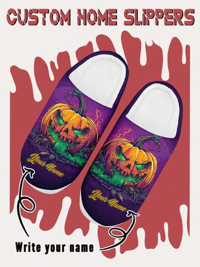 Halloween Men's Custom Name Slippers, Cozy Plush Indoor Shoes With Pumpkin Design, Ultra Soft, Warm & Cozy Home Slippers For Men And Women, Funny Halloween Gift For Mom/Dad/Her/Him/Girlfriend/Boyfriend/Wife/Husband/Friend