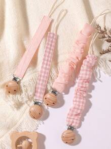 4 piezas de Clips para chupetes de bebé, a cuadros, lunares, unicolor azul/rosa/caqui, clips de chupete de madera con 3 agujeros, aptos para uso diario