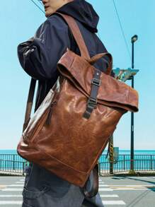 优质复古背包，柔软皮革 PU，商务休闲旅行通勤摩托车骑行翻盖笔记本电脑背包，大容量防水可扩展，适合万圣节、圣诞节、情人节、父亲节、返校、旅游季节、送给男朋友的礼物、父亲 2000 年代风格返校季节 - 彩色 - 查看 2