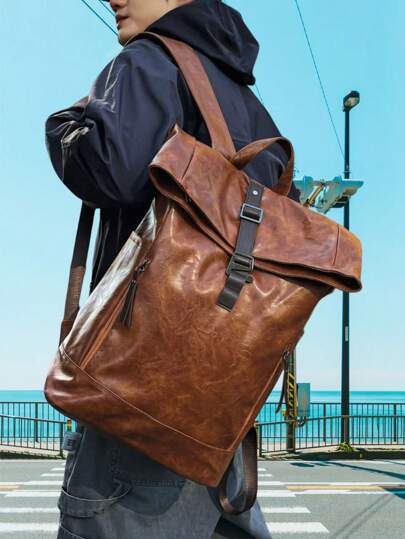 Mochila vintage premium, de piel sintética suave, para uso empresarial, casual, viajes, ir al trabajo, motociclismo, con solapa y compartimento para portátil, de gran capacidad y resistente al agua, expandible, adecuada para Halloween, Navidad, San Valentín, Día del Padre, vuelta al cole, temporada de viajes, regalo para novio, padre, estilo años 2000