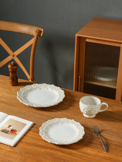 1pc French Vintage Palace Style Floral Embossed Ceramic Coffee Cup & Saucer Set