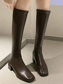 qishangda 女式高筒靴，2025年春秋季新款方头粗跟中筒马靴 - 棕色 - 查看 5