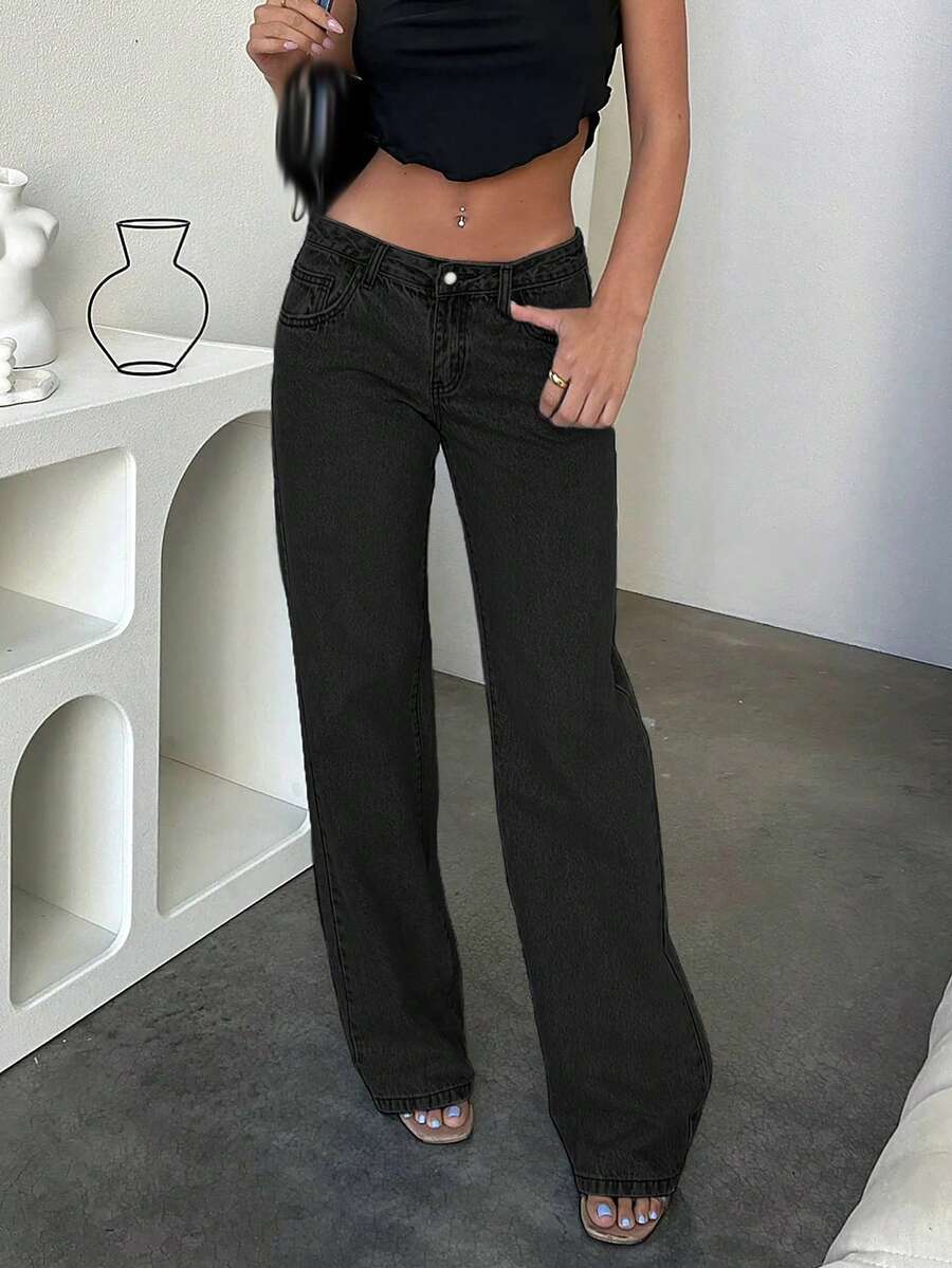 New Popular European And American Street Style Simple Daily Commuting Casual Low-Waist Straight Women's Jeans Spring - Black - View 1