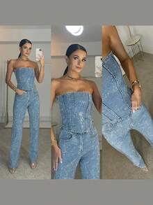 Sequin Denim Tube Crop Top Pants Set Women Sexy Solid Sleeveless Vest High Waist Zipper Jeans Fashion Street Ladies Outfits - 藍色 - 查看 2