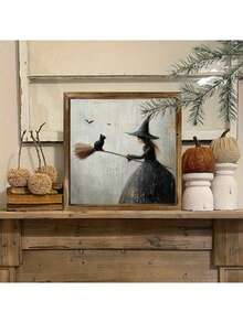 1/2 Stücke Halloween Hexe Holzrahmen Schild Tischdekoration Heim Wandbehang Herbst Büro Studentenwohnheim Feiertags Party Zubehör Geschenk