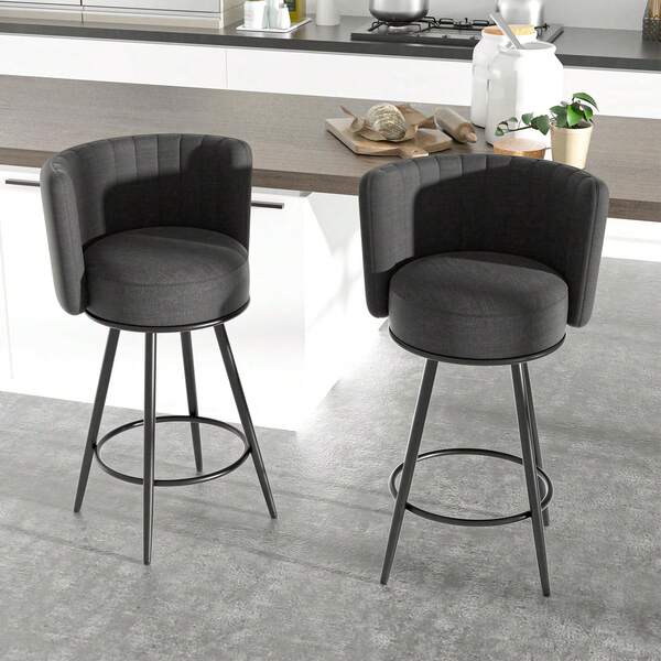 Bar Stools Set Of 2, 27" Tufted Modern Counter Height Bar Stools, Upholstered Barstools With Back & Footrest Metal Legs, Stools For Kitchen Island, Counter, Cafes, Dining Room (DarkGrey)