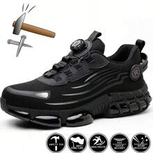 Men'S Comfortable Button Air Cushion Sole Shock-Absorbing Breathable Anti-Puncture Work Shoes - Black & Gray, Lace-Up Safety Shoes For Men, Industrial Footwear, Sleek Design, Durable Construction, Metal Toe Protection, Metal Toe Shoes - 黑色 - 查看 1