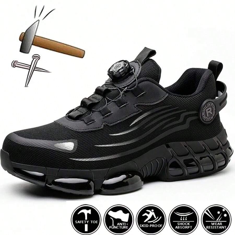 Men'S Comfortable Button Air Cushion Sole Shock-Absorbing Breathable Anti-Puncture Work Shoes - Black & Gray, Lace-Up Safety Shoes For Men, Industrial Footwear, Sleek Design, Durable Construction, Metal Toe Protection, Metal Toe Shoes - 黑色 - 查看 1