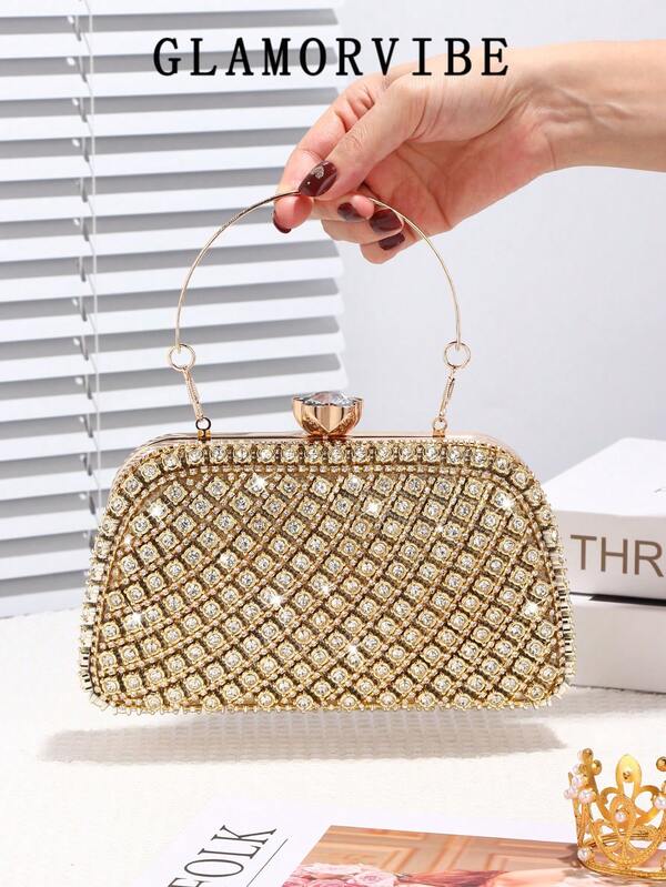 1 件优雅女士手提包，水钻装饰盒形晚装手拿包，带金属手柄，迷人的新娘钱包，适合婚礼、派对、舞会、夜总会、生日、情人节、聚会、斜挎包、托特包、手拿包、化妆包